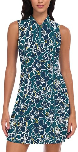 Soneven Abiti sportivi estivi da donna, abiti casual, corti, senza maniche, senza maniche, abiti da tennis con cerniera 1/4 e tasche da golf, uso quotidiano, informale, Fiori verdi, M