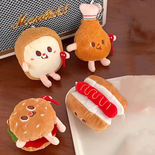 OUKEYI 4Pcs Cute Plush Toys Keychain, Super Funny Face Food Hamburger Bread Toast Chicken Leg Soft Plush Stuffed KeychainHandbag Pendant