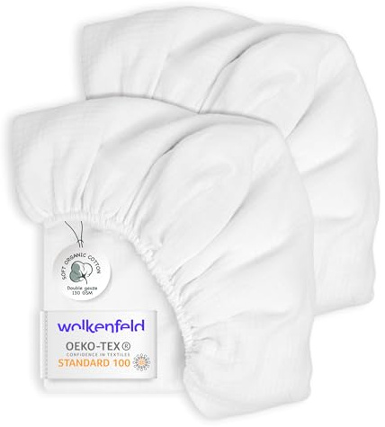 Wolkenfeld Spannbettlaken 70x140 Baby – 2er Set aus atmungsaktiver Musselin-Baumwolle – Weich & Sanft zur Haut – Passend für Matratzen bis 10 cm Weiß-Weiß