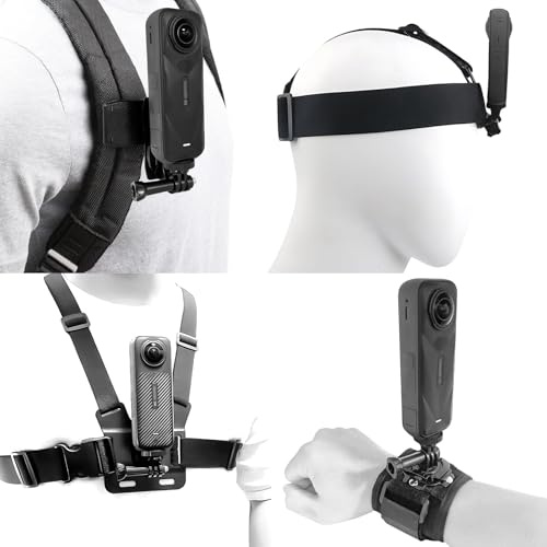 Juego de accesorios para Insta 360 X5 X4 X3 X2 X, soporte de correa para la cabeza + arnés de montaje en el pecho + soporte de clip para mochila + correa de muñeca giratoria de 360° compatible con