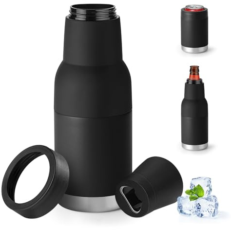 Raffreddatore per lattine di birra normali da 12,14,16 g o bottiglie di dimensioni sottili, in acciaio inox a doppia parete isolata (doppio coperchio, nero, 453,6 g)