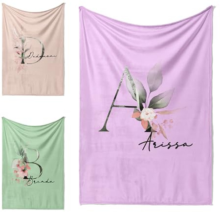 Botanical Blush Personalised Blanket – Add Initial & Name – Custom Background Colour – Elegant Floral Throw – Soft Cuddle or Polar Fleece – Small, Medium, Large Sizes – Gift for Her or Home Décor