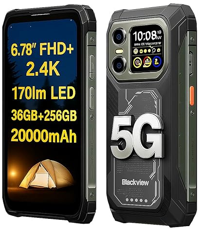 Blackview 5G IA Smartphone Incassable XPLORE 1, 36Go+256Go, Double Écran 6,78 FHD+ 2,4K, Lampes Torches LED 170lm, 64MP+50MP+20MP Vision Nocturne, Batterie 20000mAh, IP68 Téléphone Robuste Noir