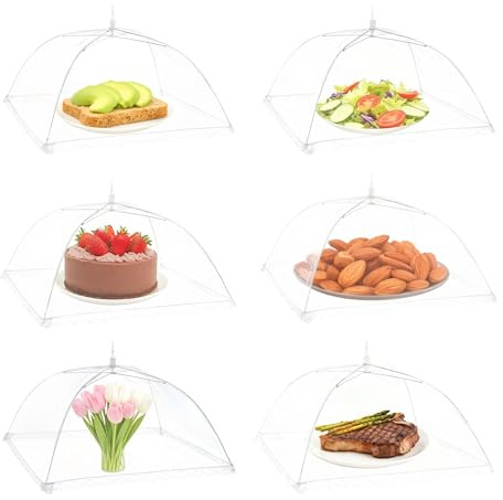 Juego de 6 cubiertas para moscas plegables para alimentos, reutilizables, antimoscas para cocina, pícnic y jardín, red de frutas, para proteger frutas y pasteles, 32 x 32 cm