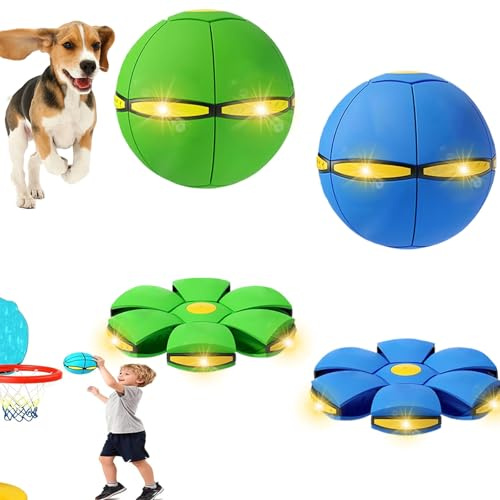 OOXYG Bola de disco para perro, juguete para mascotas, bola de platillo volador con 3 luces, paquete de 2 discos voladores para perros, bolas inflables interactivas para perros pequeños, medianos y