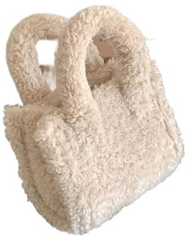 WSQHAO Mini plysch tygväska vardaglig fuskpäls väskor för kvinnor handväskor varm axel crossbody små klaffar telefonväskor för kvinnor, gräddvit, 20x10x17cm