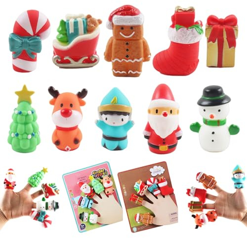 Porgeel 10 Pezzi di burattini da Dito Natalizi Pupazzi di Natale dei Cartoni Animati con Babbo Natale Alce Pupazzo di Neve a