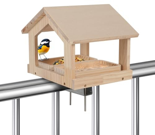 Vogelfutterhaus Balkon mit rostfreier Edelstahlhalterung, Wetterfestes Naturholz Futterspender mit 2 Futtertabletts Vogelhäuschen für Balkongeländer | Einfache Montage (Geländer Montiert)