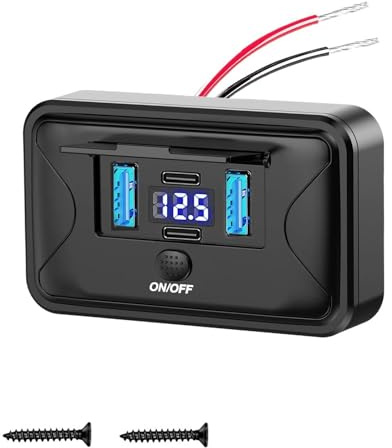 Intckwan 12V USB presa a parete, 84W 4 porte 2X PD3.0 & 2X QC3.0 carica rapida con interruttore e voltmetro LED blu, per camper, autobus, barca, trattore, golf cart