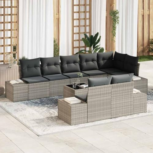 QUAHEAS Gartensofa-Set Hellgrau, Poly Rattan Modulares Loungesofa mit Stauraum, Wetterfestes Outdoor Möbelset für Terrasse, Balkon, Akazienholz Akzente