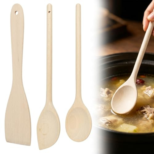 Tarqite 3 Stück Kochlöffel Holz Set, Holzlöffel zum Kochen, Langlebig Antibakteriell Küchenutensilien Set mit Pfannenwender & Löffel Holz für Pfannengerichte, Salate, Suppen