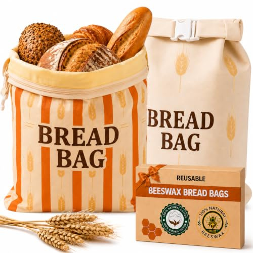 Beeswax Bread Bag (2 Pcs), 43x33cm Reusable Natural Beeswax-Lined Cotton with Zipper Closure, Sourdough & Homemade Bread Storage Bag (FreshNest Pair)