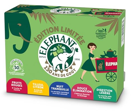 Éléphant | Infusion Coffret édition limitée Découverte | 50 Sachets de Thé Pyramid | Assortiment de 5 Infusions | Sans caféine | Sachets de Thé d'Origine Végétale | Assortiment 5 tisanes herbes, sachets pyramid végétaux, idée cadeau, détente naturelle