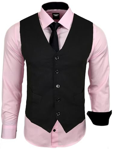 Subliminal Mode - Gilet + Chemise + Cravate Homme Col Bicolore Uni Manches Longues Coupe Ajusté Business Repassage Facile RN33