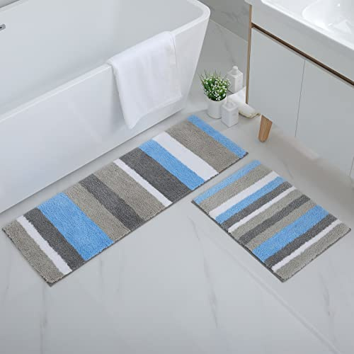 Homaxy Mikrofaser Badezimmerteppich Set 2 teilig–40x60cm+40x120cm,Blau/Grau | flauschig&weich, angenehm auf der haut, hohe saugfähigkeit, rutschfeste rückseite, maschinenwaschbar, weit verbreitet