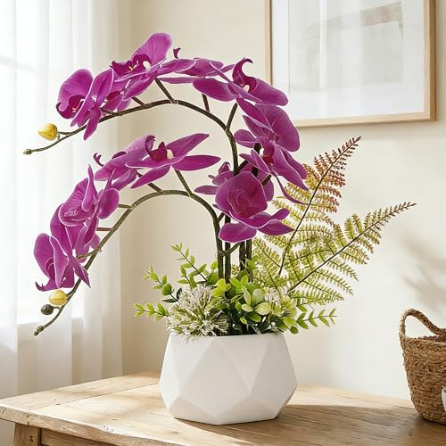 LESING Artificial Potted Orchid Flower for Table Centerpieces,Real Touch Fake Orchid Flowers in Vase for Home Decoration (Style 1,White Vase)