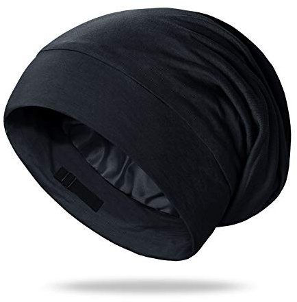 OLESILK 100% Mulberry Silk Bonnet for Sleeping, Mens Bonnet for Curly Hair, 100% Real Silk for Frizzy Hair, Black