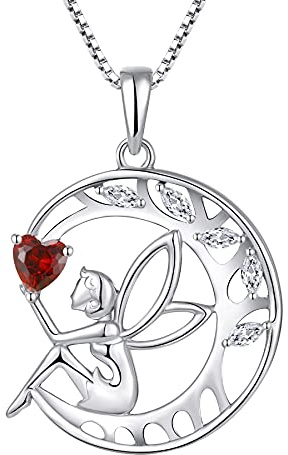 FJ Collar Ángel de la Guarda Plata de Ley 925 Mujer Collar Árbol de la Vida Collar Hada Luna Colgante Enero Piedra de Nacimiento Collar Granate Regalos de Joyería para Mujer Niña
