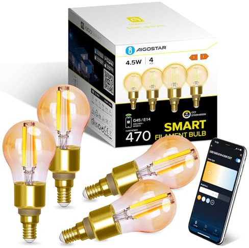 Aigostar Alexa Glühbirne E14, Smart LED Vintage Lampe, Smarte Glühbirne G45 Bernstein Globe, 4.5W 470LM, Warmweiß Dimmbar 2700K -6500K, Kompatibel mit Alexa und Google Home, 4 Stücke