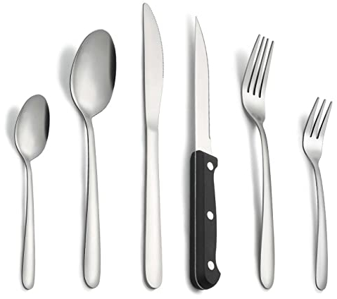 Besteck, Pleafind 36 teilig Besteck Set für 6 Personen, Besteckset aus Edelstahl in Lebensmittelqualität, Bestecksets, Silber Besteck inklusive Löffel, Messer, Gabel, Steakmesser, Spülmaschinenfest