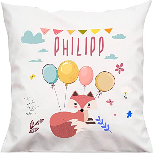 Kleckerliese Kinder Kissen Fuchs mit Balon Regenbogen Balloons Kissenbezug Weiss Kissenhülle 40x40 cm