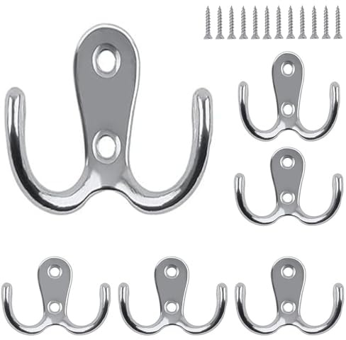 NBFBA Kleiderhaken, 6 Stücke Doppelt Wandhaken, Silber Metall Retro Wandhaken, Wand Kleiderhaken mit 12 Schrauben für Badezimmern Schlafzimmern Küche
