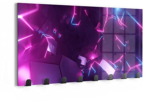 DEQORI Wandgarderobe Glas & Metall | Motiv Virtuelles Leuchtdesign | 60x30 cm | Design Haken-Leiste modern | Garderoben-Paneel für Flur, Wohnzimmer & Schlafzimmer | magnetisch & beschreibbar
