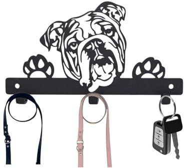 British Bulldog Dog Lead Hanger | Metal Wall Hook with Paw Print Detail | Powder Coated Finish | Fixings Included | Dog Leash Holder | Gift for Dog Lovers |