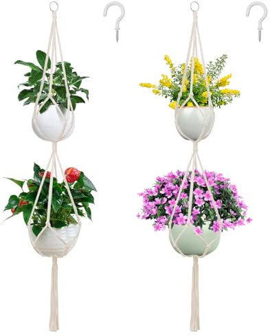 SNAIL GARDEN 2-Layer Macrame Plant Hangar Set de 2 pièces Double Plante Hangar avec Gland Pendaison Panier de Plantation Fait à la Main Corde de Coton Pendaison Panier de Plantation avec 2 Crochet