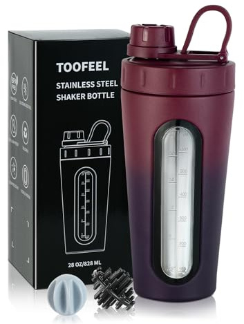 TOOFEEL Botellas mezcladoras para mezclas de proteínas, coctelera de proteínas de acero inoxidable de 28 onzas con 2 bolas mezcladoras, no se mantiene frío/caliente, vasos mezcladores de metal