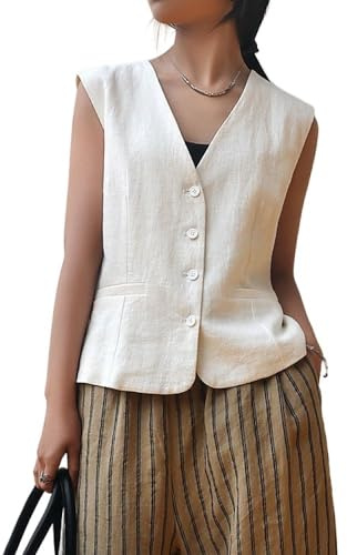 CuLtP Gilet pour Femme Entièrement Doublé, Élégant sans Manches en Pur Lin, Boutonné, Col en V, Gilet Habillé, Court, Décontracté, Formel, Costume D'Été, Haut Court, L
