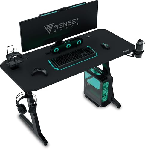 SENSE7 Ergonomischer Gamingtisch PC-Tisch Kohlefaseroberfläche 100x50cm | Kopfhörerhaken, Getränkehalter, Controllerhalter, Computerarbeitsplatz, Spielzimmer und Homeoffice, für Erwachsene