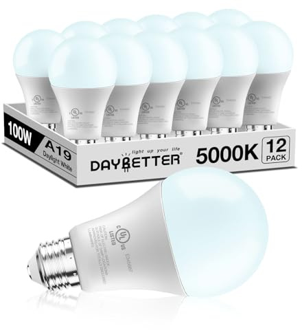 DAYBETTER LED Light Bulbs, A19 5000K Daylight Light Bulbs 100 Watt Equivalent, 1500LM Bright White Light Bulbs, E26 Standard Base, Non-Dimmable, 15 Watt Lightbulbs for Home Office, 12 Pack
