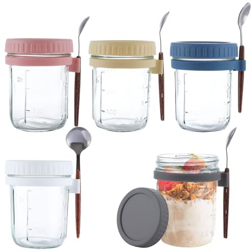 DAJAVE 5 Pack Overnight Oats Jar with Lid and Spoon 12oz/350ml Overnight Oats Container Airtight Breakfast Jars with Measurement Marks, Glass Overnight Oats Jars for Yogurt Cereal Milk