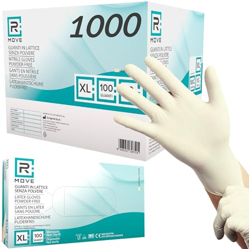 R MOVE 1000 Guanti in Lattice monouso 5,7gr senza polvere, alta sensibilità sia al tatto che al palmo, guanti usa e getta in lattice, 10 scatole da 100 guanti, dispostivo medico (1000, XL)