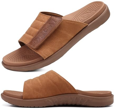 ONCAI Sandales pour Hommes Sangles Réglables Orthotique Bout Ouverts Sports Slides avec Souple Confortable Support de la Voûte Pantoufles Khaki Taille 43.5