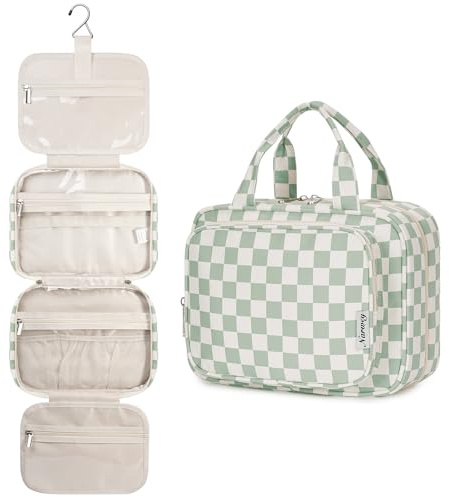 Narwey Checkered Hanging Travel Toiletry Bag for Women Wash Bag Cosmetics Makeup Bag Organizer for Travel Size Accessories(Checkerboard Mint Green (Medium))
