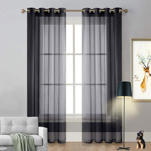 LIUNADM Verdunkelungsvorhang 50 x 200 cm Polyester, mit Ösen Transparent Himmelbett Vorhänge Baby Querbehang für Wohnzimmer Landhaus Kleine Fenster, Schwarz