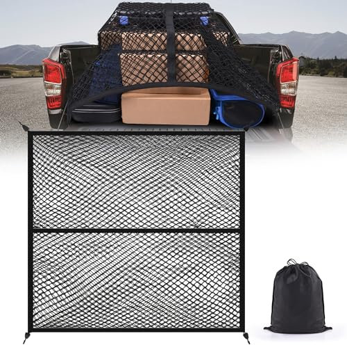 MICTUNING Truck Bed Cargo Net, Elastic Double-Layered Stretchable up to 7ft Mesh Nylon Storage Organizer for Pickup Car Trunk SUV Boat