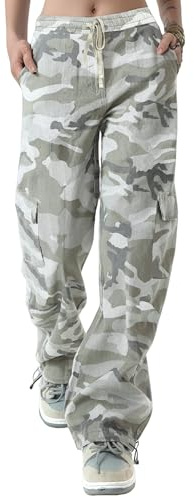 YOCUR Womens Streetwear Camo Cargo Pants Baggy Y2K Drawstring Parachute Pants Elastic Waisted Wide Leg Pockets Trousers Camouflage Gary S