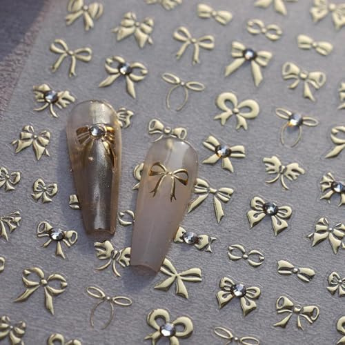 TELAIN 5D Relief-Gold-Bow-Nageldesign-Sticker, Schleifen-Bow-Knoten-Nageldecals mit Rhinestones, Selbstklebend, Gold-Bow-Nagelsticker für Press-on-Nägel