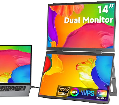 HGFRTEE Double moniteur portable 14 , 1920 x 1200 FHD, 16:10, anti-éblouissement, IPS, grand angle 178°, sRGB 100 %, 60 Hz, haut-parleur, USB-C, mini HDMI, léger et pliable, VESA, Windows