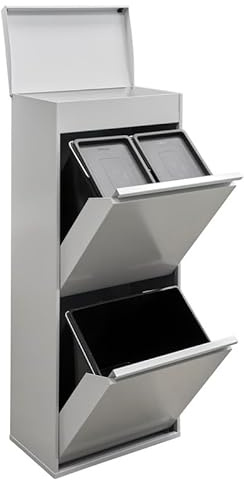 Arregui Top CR422-B Cubo de Basura y Reciclaje de 3 Compartimentos con Cajón Superior | 11+11+23 L (45 L) | con Cubetas para Envases y Orgánico | Contenedores de Reciclaje de Cocina | gris