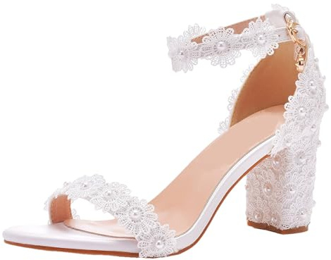 Jamron Mujer Elegante Sandalias de Tacón de Bloque Encaje Floral Perlas Blanco Zapatos de Novia 7CM SN0703497-1 EU38