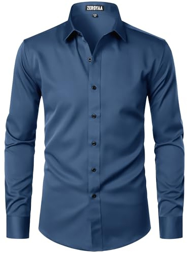 ZEROYAA Men's Long Sleeve Dress Shirt Modern Slim Fit Wrinkle-Free Casual Business Button Up Shirts ZSSCL07-Deep Blue Large