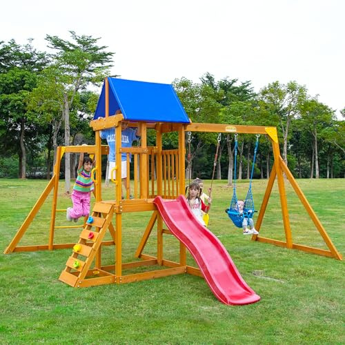 Suniboxi Swing-Sets with Monkey Bars for Backyard, Wooden Playground Set for Kids Ages 3-6, Outdoor Playset with Wave Slide, Play Deck, Rock Wall Ladder, Belt Swings & Canopy for Toddlers to Big Kids