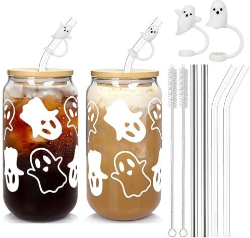 AuraFusion Halloween Tumbler Set – 2 unidades de vasos fantasmas con tapa, pajita de vidrio, cepillo para pajitas, 20oz, versátiles para bebidas y decoración de Halloween