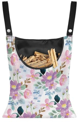 Buxolandt Clothespin Bag Purple Flower Print Storage Bag Portable Washable Hanging Clothespin Storage Bag for Bedroom Bathroom