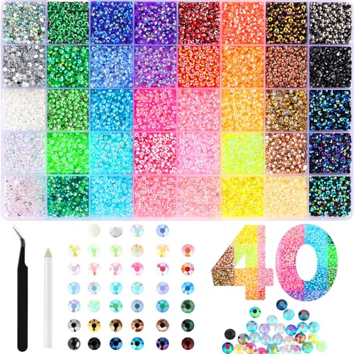 Zefy Diamantes de imitación de resina de 40 colores para deslumbrar, 3 mm, 32000 piezas de gemas de parte trasera plana para manualidades, kit deslumbrante con pinzas y bolígrafo de recogida para ropa