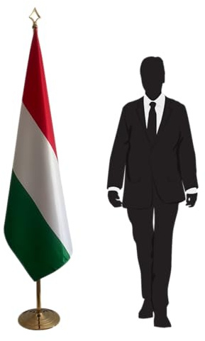 Bandiera protocolare Ungheria con palo e piede - destinata a rappresentanze diplomatiche, ambasciate, ministeri, università. Piedino Ø 315 mm, acciaio inox finitura dorata, asta punta lancia. Codice